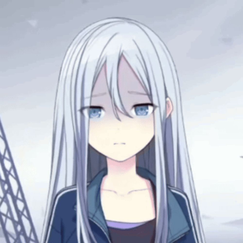 a girl with long white hair and blue eyes looks sad