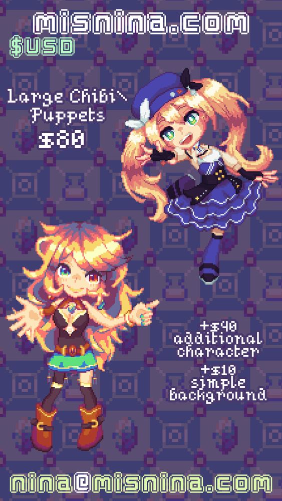 A vertical showcase of pixel art illustrations, headed by misnina.com and prices in $USD. Large Chibi/Puppets, showing a fullbody illustration, $80. +40 additional character, +10 simple background. contact nina@misnina.com