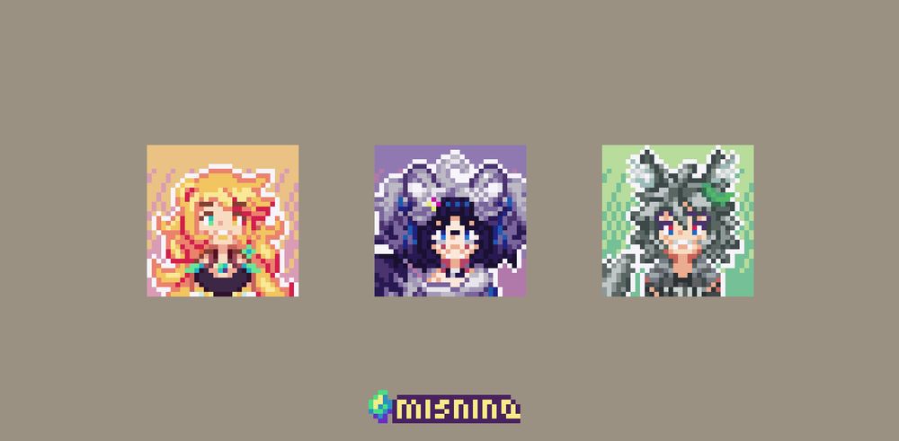 A set of three small square portraits of people in pixel art. One is of a blonde girl, one is of a raccoon girl, and one is of a wolf boy. The credit is misnina.