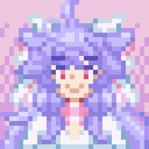 A pixel art portrait of a cat girl with floofy blue-lavender hair, in white clothing, with a pink neck bow, as well as a very long white white hair bow with red-pink eyes.