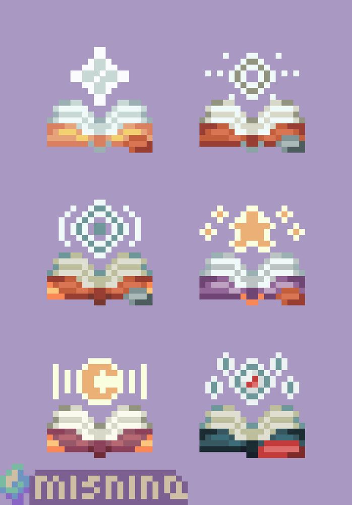 A set of 6 pixel art icons of open spell books of various designs and colored pages, with energy designs emitted from them.