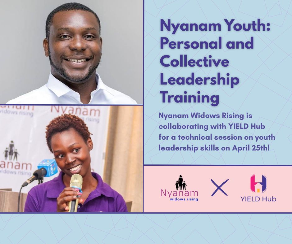 Two people speaking at a youth leadership training event focused on SRHR; event details and logos for Nyanam Widows Rising and YIELD Hub are shown on the right.