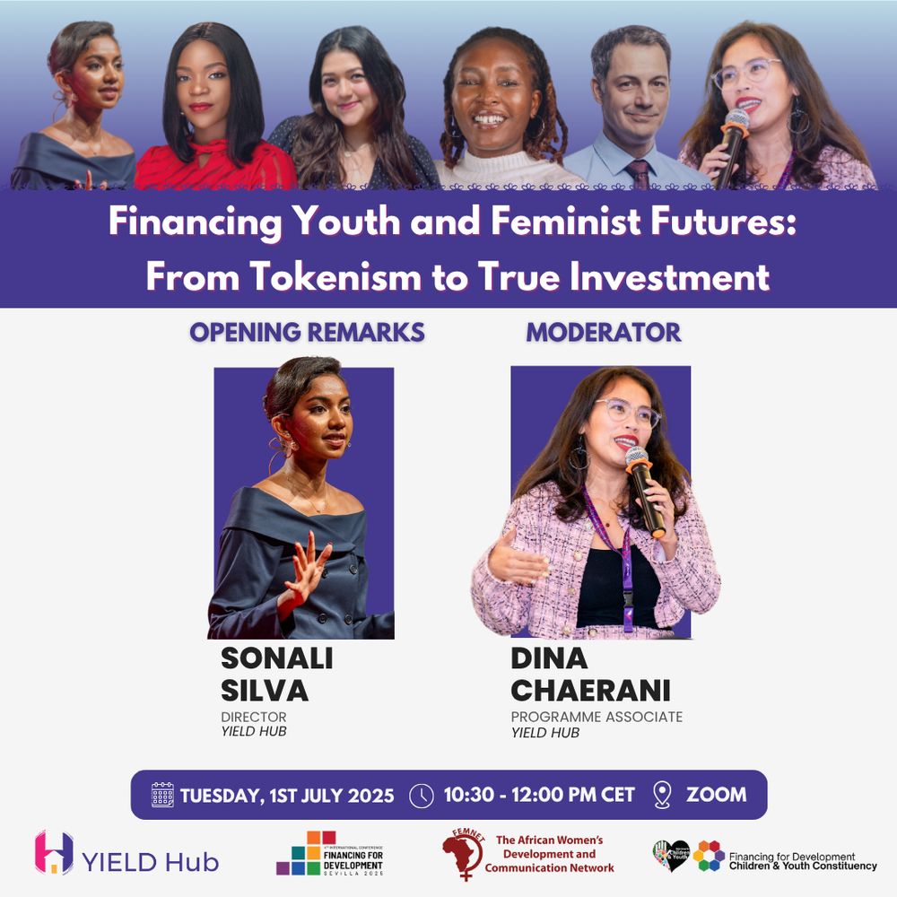 Promotional flyer for the FfD4 side-event "Financing Youth and Feminist Futures: From Tokenism to True Investment". Includes names and photos of Dina Chaerani (moderator) and Sonali Silva (delivering the opening remarks). Event is on 1st July 2025, 10:30–12:00 CET via Zoom.