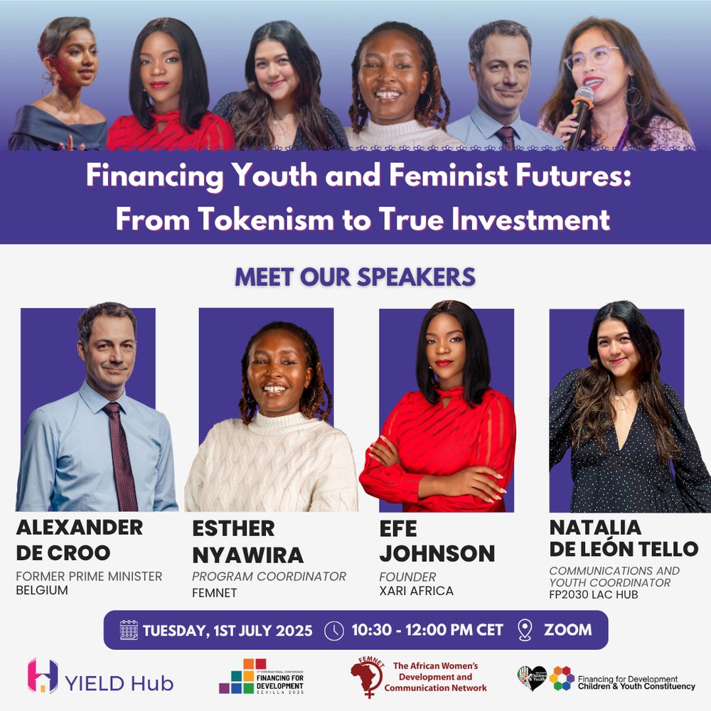 Promotional flyer for the FfD4 side-event "Financing Youth and Feminist Futures: From Tokenism to True Investment". Includes names and photos of all speakers: Efe Johnson, Natalia de León Tello, Esther Nyawira and Alexander De Croo. Event is on 1st July 2025, 10:30–12:00 CET via Zoom.