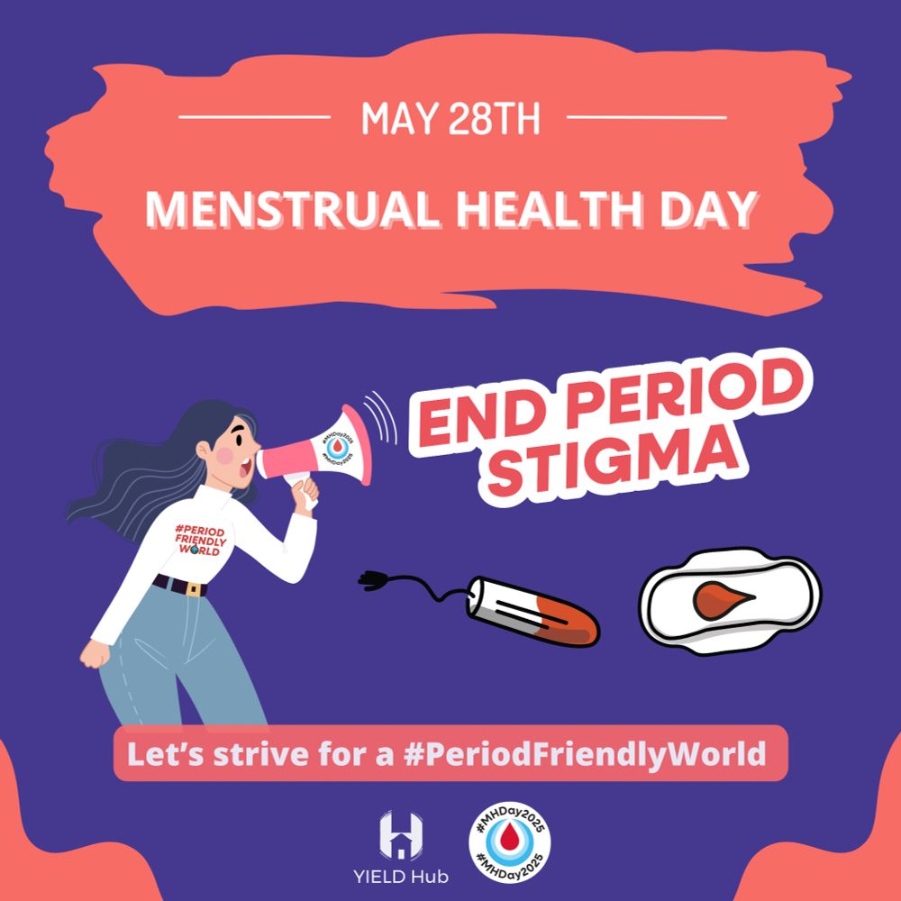 A woman with a megaphone promotes ending period stigma for Menstrual Health Day, with illustrations of a pad and tampon with blood. Text calls for better Menstrual Hygiene and encourages a #PeriodFriendlyWorld.