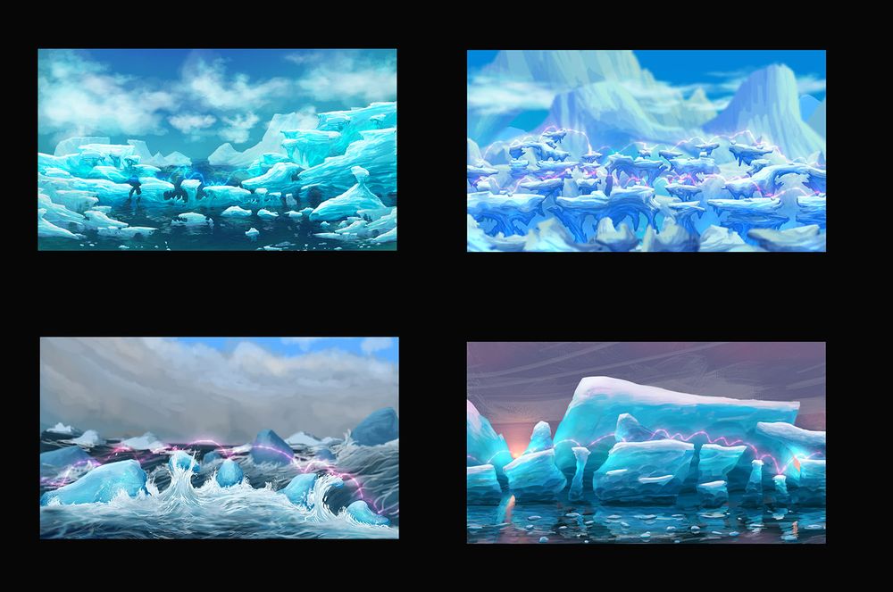 Various Ice scenes with iceberg platforms like a 2d platformer with a glow trail