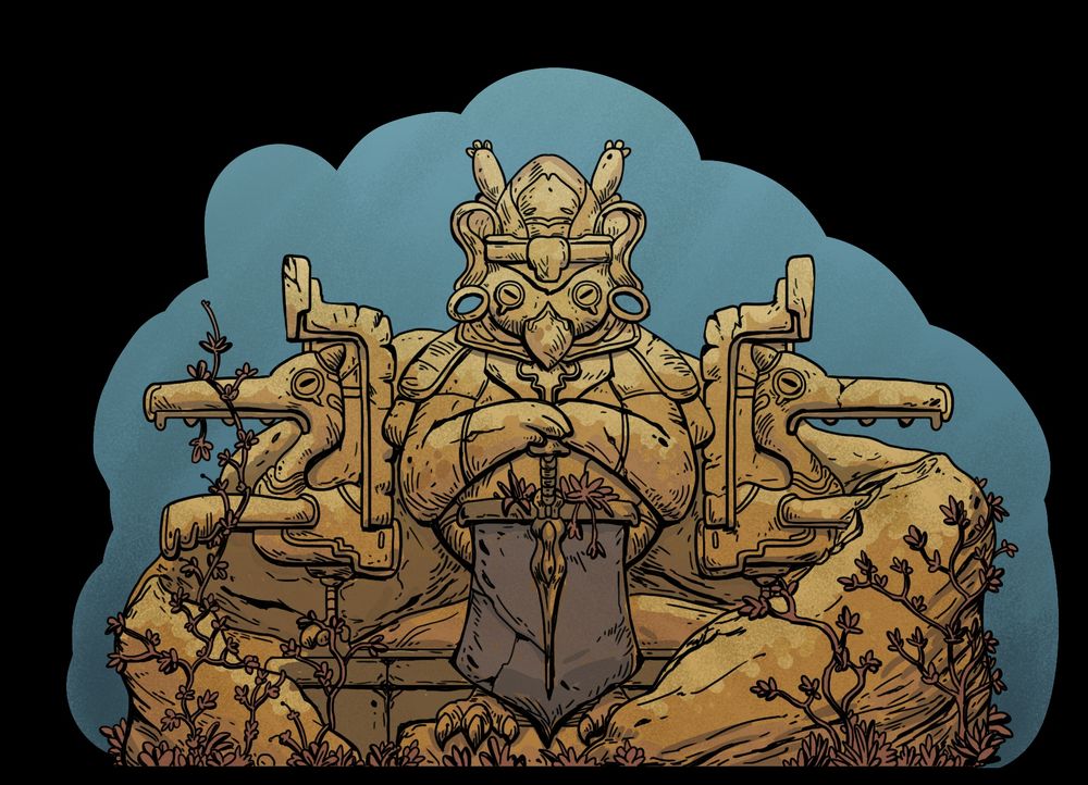 Bird like statue holding a chunky sword, with 2 more bird statues on the sides. Half carved coming out of a big rock with vines growing on it.