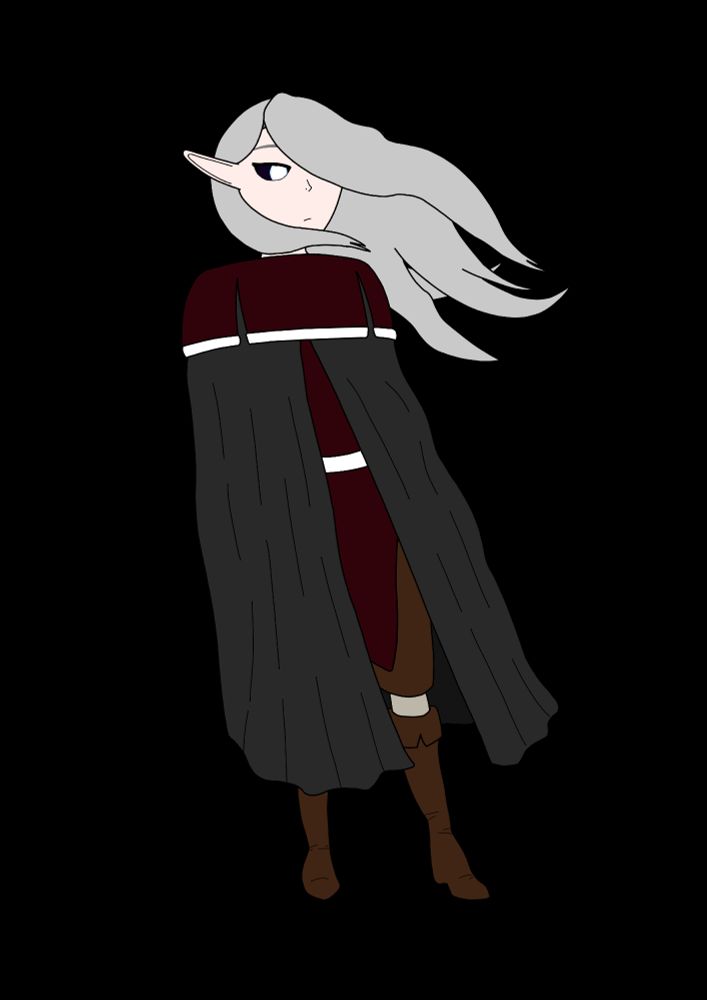 A silver-haired elf looking to the right. One eye is obscured by her hair, while the other is visible, dark in color with a white iris and pupil. Wind is blowing her hair and cloak to the right.