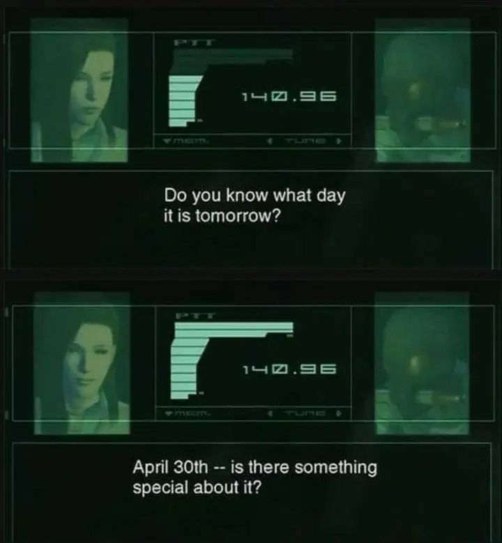 a very jpeg-y screenshot of the "do you remember what day it is tomorrow" codec call from metal gear solid 2