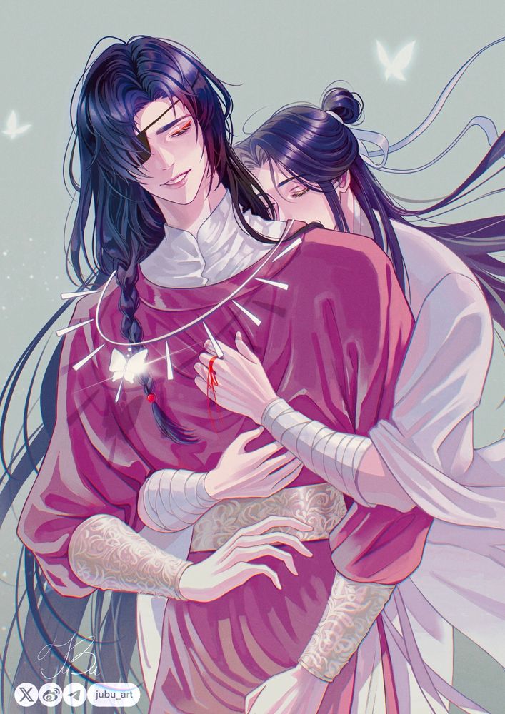 Xie Lian hugs Hua Cheng from back.