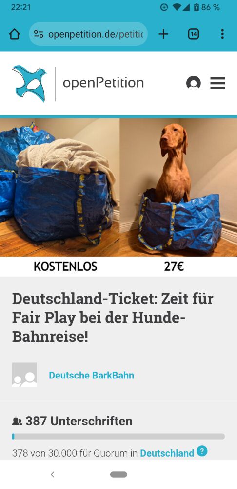 Screenshot der Petition auf der man zwei Fotos sieht. Eine vollgepackte Ikea Tüte mit der Bildunterschrift "kostenlos" neben einer Ikeatüte in der ein großer brauner Hund sitzt mit der Bildunterschrift "27 Euro".