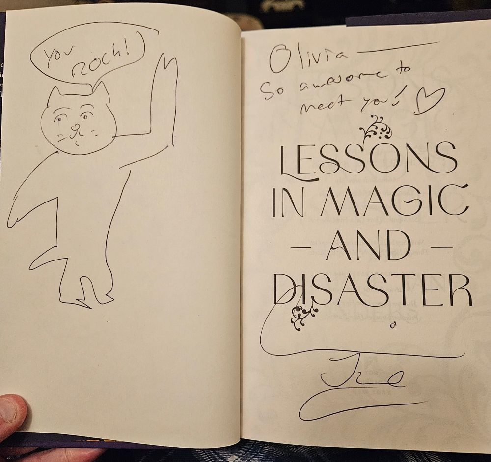 A drawing of a cat saying you rock on the title page of Lessons in Magic and Disaster.