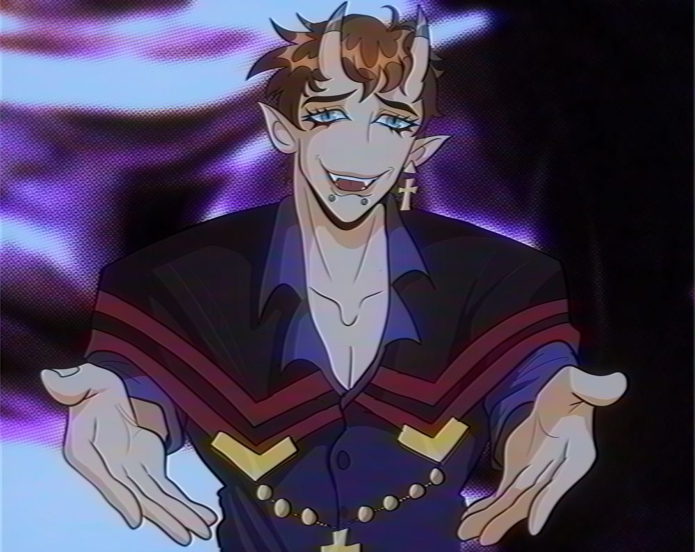 Art of Qrow with his hands outstretched in a beckoning motion. The background is a purple foggy haze