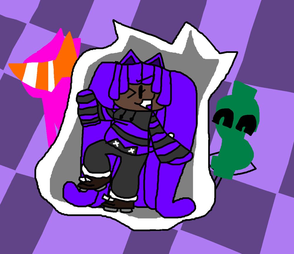 An image of Zipla Kirigaya, a catgirl with purple clothes, long, matching braided hair, sweatpants, and an oversized striped hoodie. She has one arm and leg up, and winking at the camera, posing infront of a white fire-y border, made of the substance known as “Potential.” Behind her are 2 sillhouettes of her ex girlfriend, Lynn, and the man hunting nyan down, $. The background is a checkerboard of two different shades of purple.