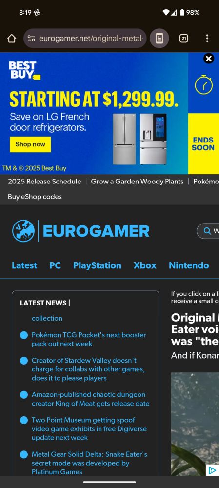 The Eurogamer web page as linked from the previous post. The content of the article cannot be read because it has been pushed to the right by a "latest news" box. There is no horizontal scroll bar 