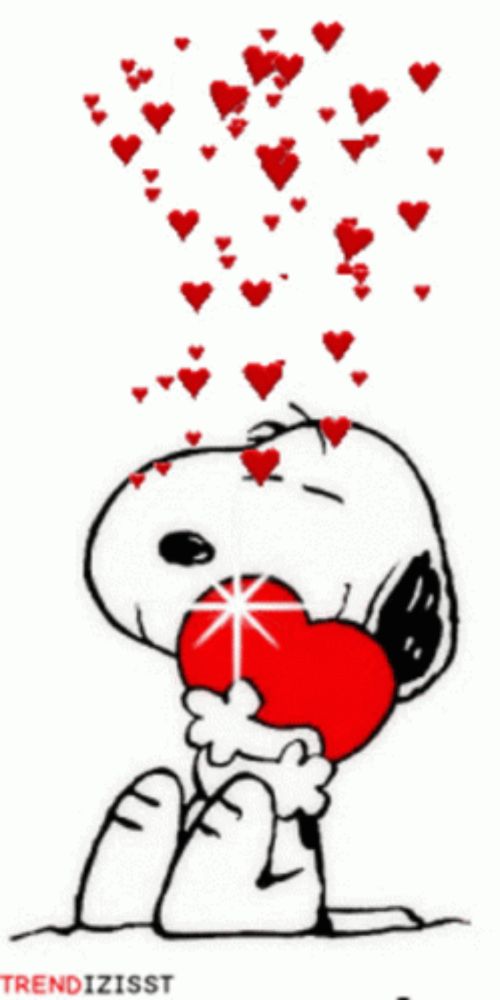 a cartoon drawing of snoopy holding a red heart with hearts coming out of his mouth