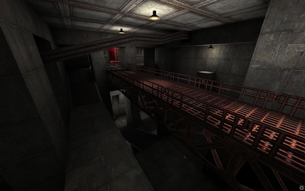 Rusty catwalk bridge near ceiling of the room.