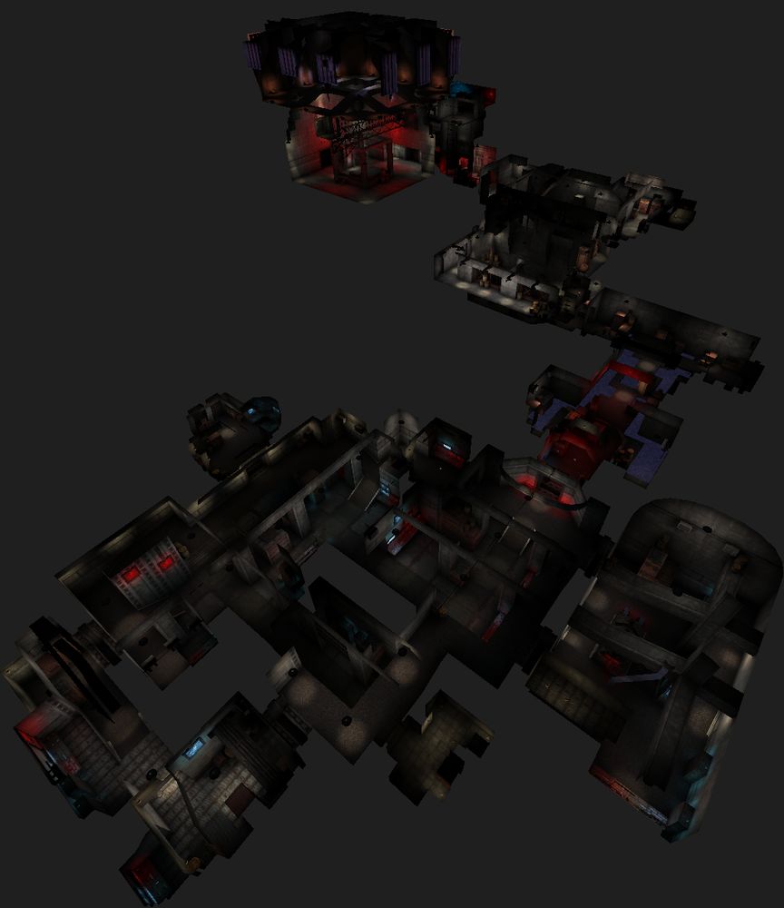 Out of bounds screenshot of a Quake Brutalist Jam 3 map. Many shadowy rooms and corridors connected forming a big zone already.