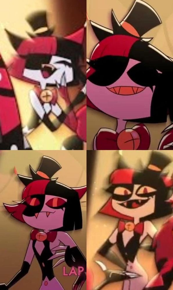 four screenshots of a white anthro cat with a black patch around their right eye. they have a short bob haircut that's half black half red. they're wearing a black vest & black elbow lenth gloves, a red bowtie with a bell in the center, and a little black tophat