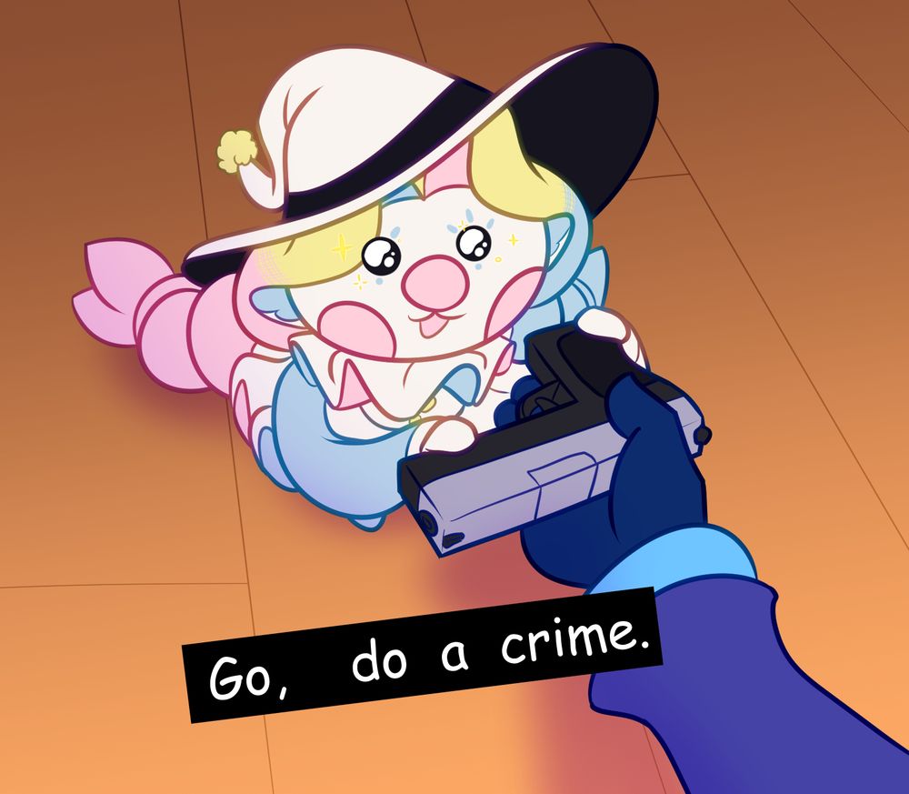 a drawing of my arm handing a gun to magicandscrews sona. a small clowb looking creature with a white witch's hat, a big pink nose, a lot of ruffles and two braided twin tails.