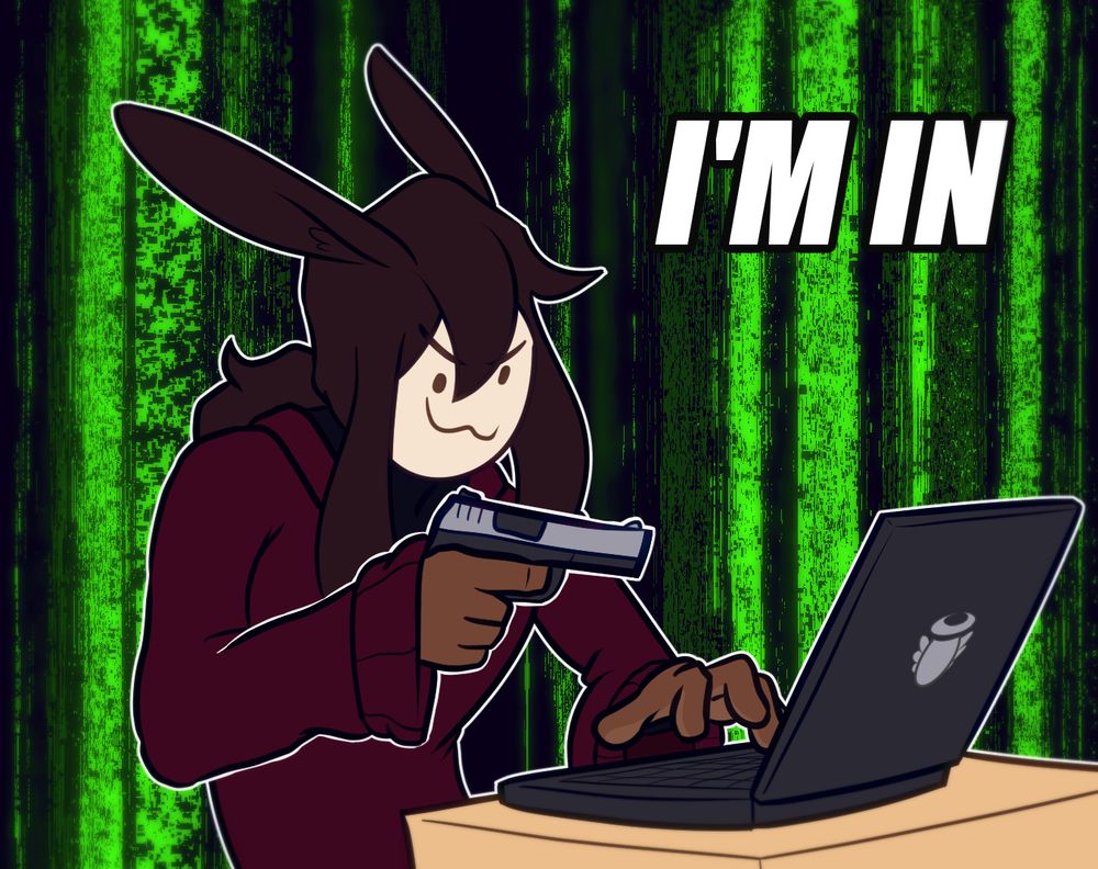 A drawing of Cal's character, Ronan! A man with bunny ears, dark brown hair and a red sweater points a gun at a laptop. Behind him is a bunch of green pixely stripes akin to The Matrix and text that reads: "I'm in."