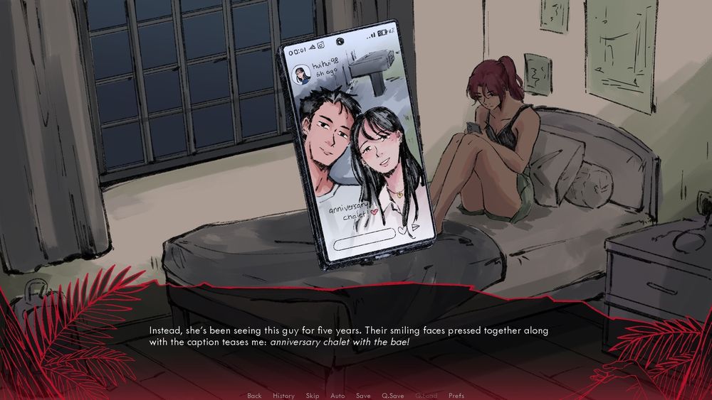 Screenshot of a phone with a happy couple. Text box reads: Instead, she's been seeing this guy for five years. Their smiling faces pressed together along with the caption teases me "anniversary chalet with the bae"