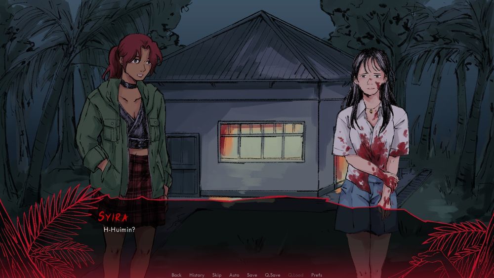 Syira staring at Huimin covered in blood. Text box reads: H-Huimin?