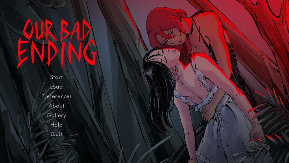 Our Bad Ending main menu screen with two girls embracing in a forest.