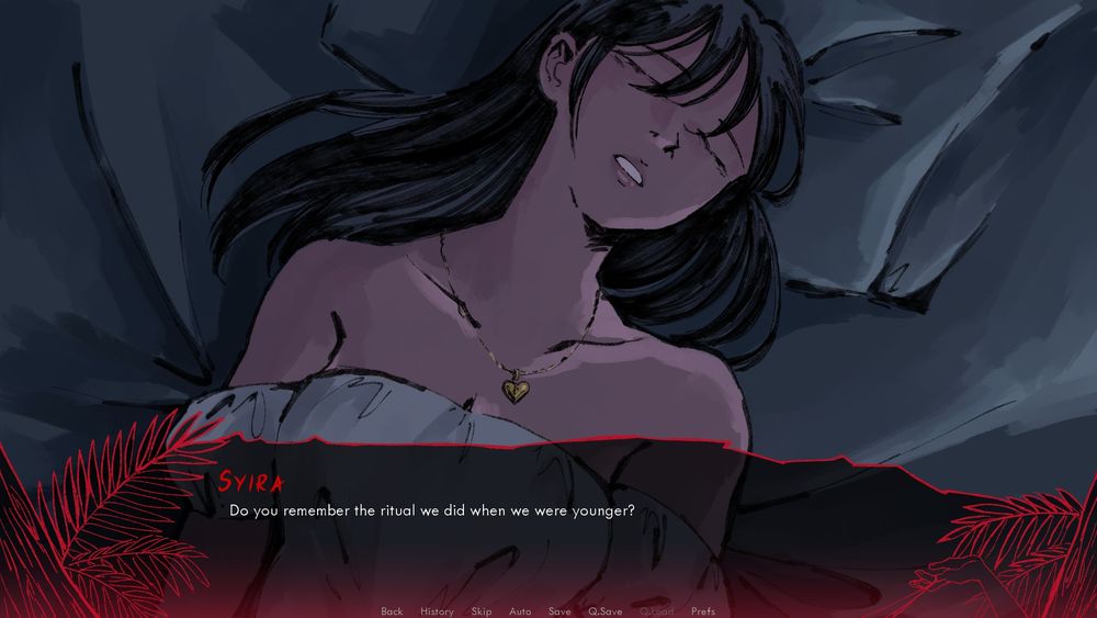 Huimin lying on a bed with her eyes closed. Text box reads: Do you remember the ritual we did when we were younger?