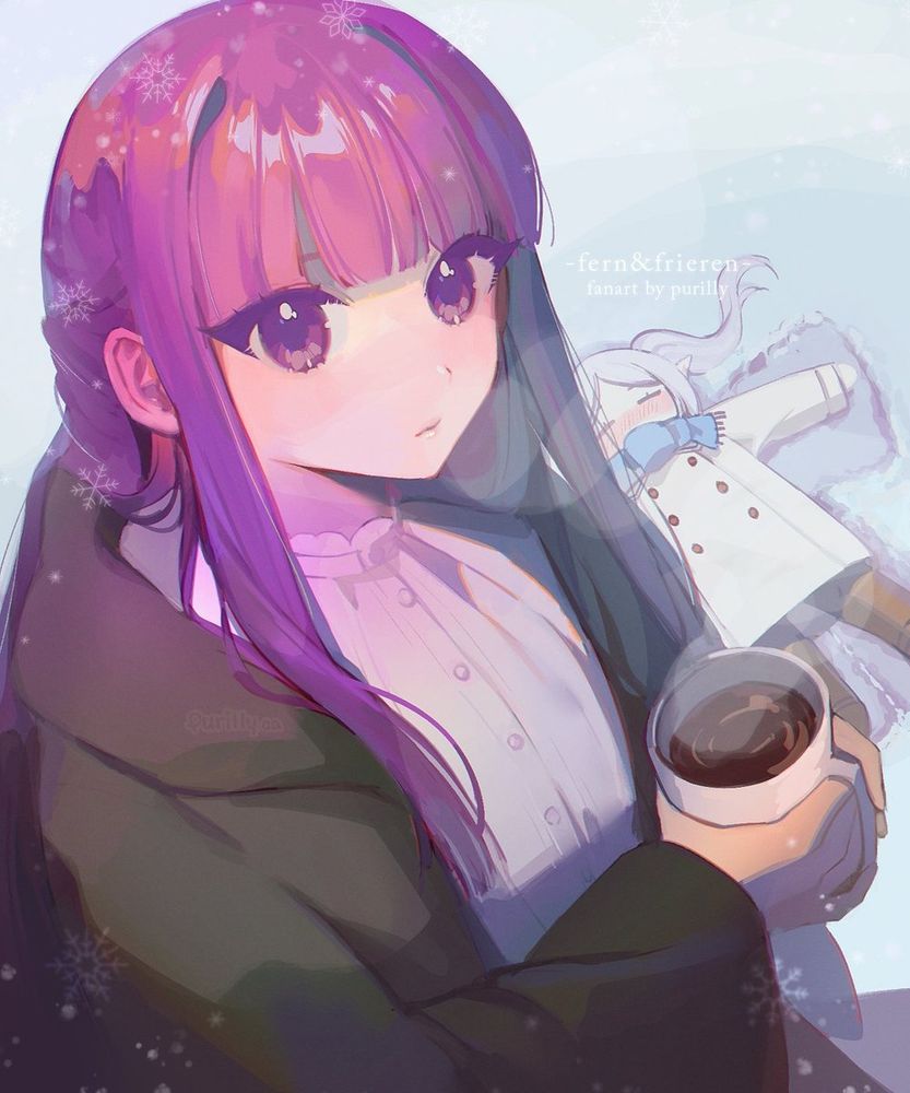 Fern from Frieren holding a cup of coffee outside in the snow with a comfy looking Frieren in the background making a snow angel behind her