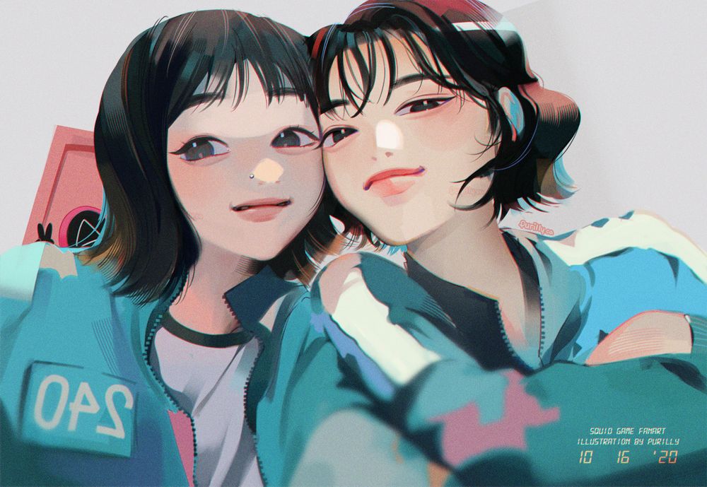 Study painting of a photograph of Squid Game actors Jung Ho-Yeon and Lee yoo-mi on squid game set wearing the blue jackets with their numbers on it, smiling happily with their faces right next to eachother
