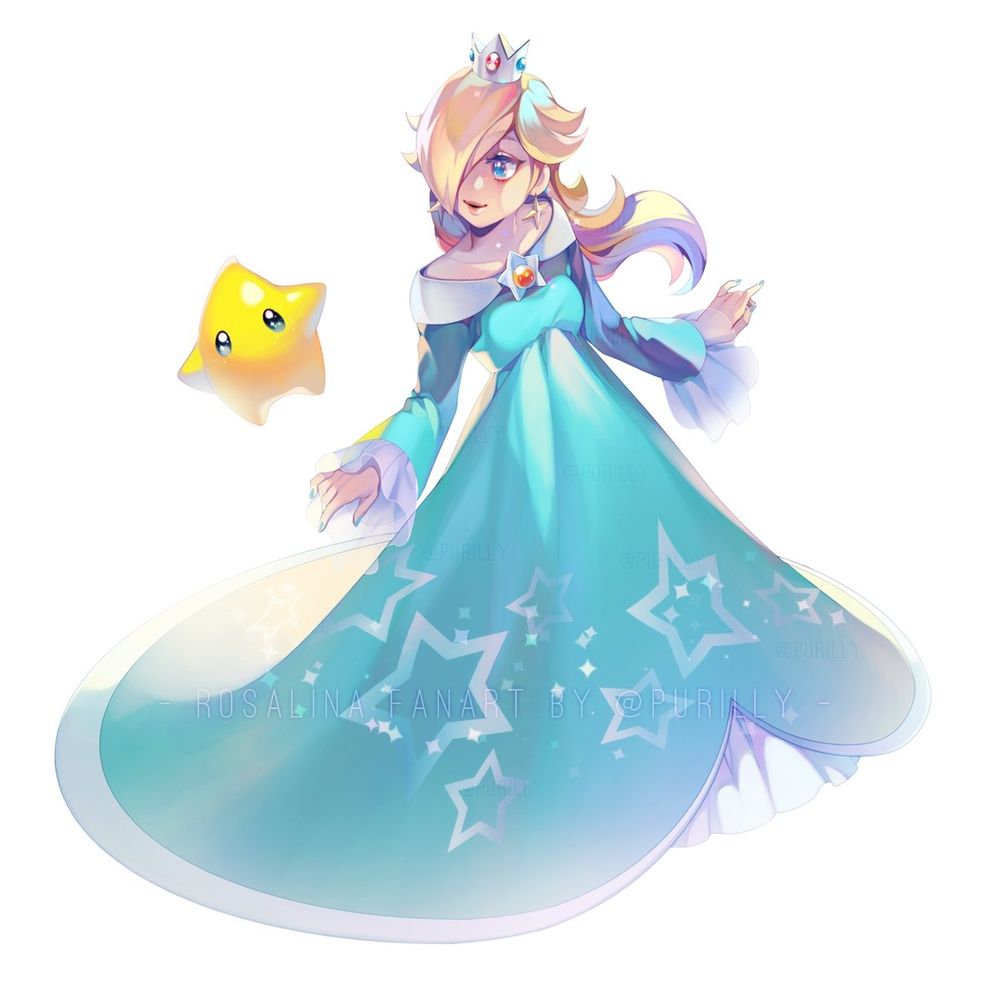 Rosalina from the Super Mario series in her big flowy mint dress with Luma the star beside her