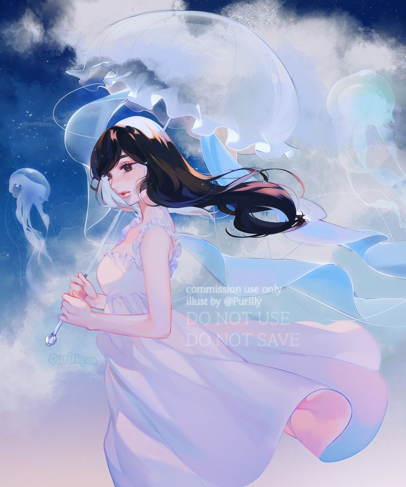 Commissioned piece of a female character with long flowing wavy dark brown hair holding a jellyfish umbrella wearing a long white flowy sleeveless dress with frills along the top, blue skies and big clouds behind her and she's standing facing the side but glancing towards the viewer. Jellyfish fly around her.