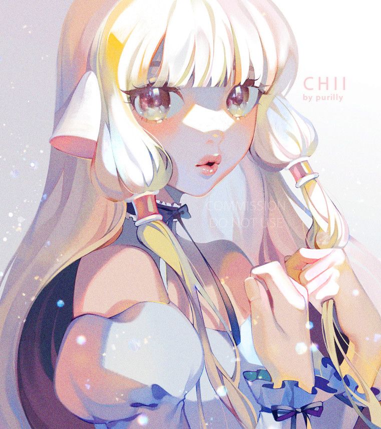 Portrait fanart of Chii from Chobits who is a long blonde haired character with rounded cat-like white ears on the sides of her head with long side hair that is tied loosely with a hair piece and she's looking towards the viewer with her hands together shyly
