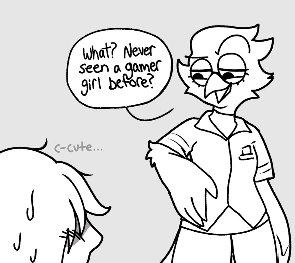 A transfeminine Berdly from Deltarune staring at Kris and saying, "What? Never seen a gamer girl before?" Kris is sweating and blushing while thinking Berdly looks cute. 