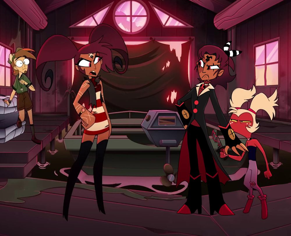 A photo edit of a scene from the Helluva Boss season 2 episode, Unhappy Campers. A human design of Blitz has been edited over the original screenshot.