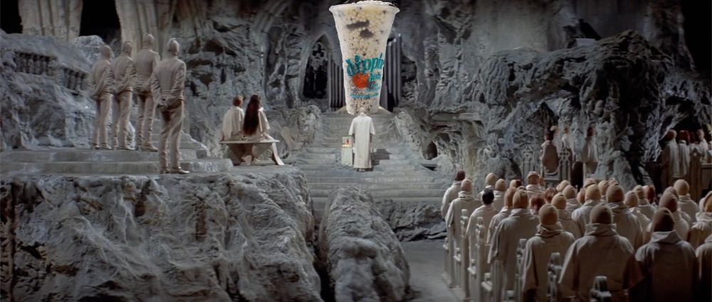 The mutant church service from Beneath the Planet of the Apes, except the "Divine Bomb" has been replaced with a cup of Dippin' Dots.