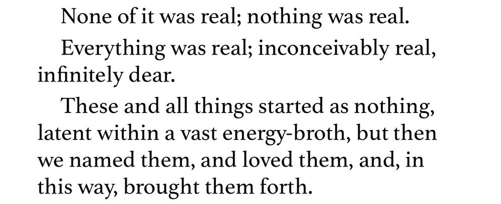 None of it was real; nothing was real.
Everything was real; inconceivably real,
infinitely dear.
These and all things started as nothing, latent within a vast energy-broth, but then we named them, and loved them, and, in this way, brought them forth.