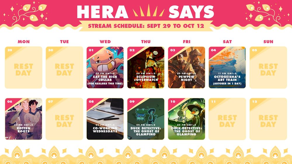 Stream Schedule
- Eat the Rich
- Eclipsium
- Pewpew Sessions
- An Art Train Event!
- Rotten Roots
- Duck Detective: Ghost of Glamping
- Co-working