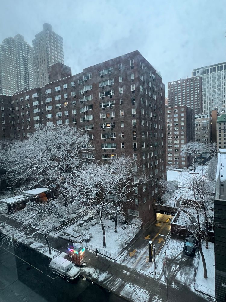 Outside an apartment building there’s snow on the ground and stuck to tree branches.