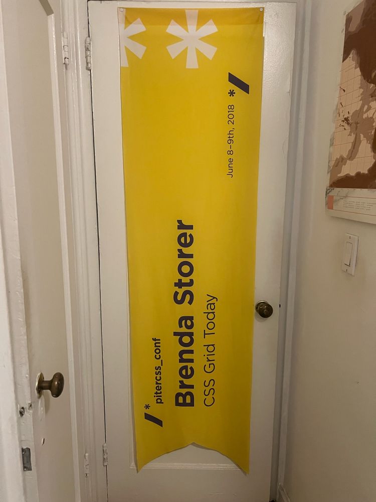 Banner advertising a conference talk at PiterCSS conference in 2018. Banner reads “Brenda Storer - CSS Grid Today”