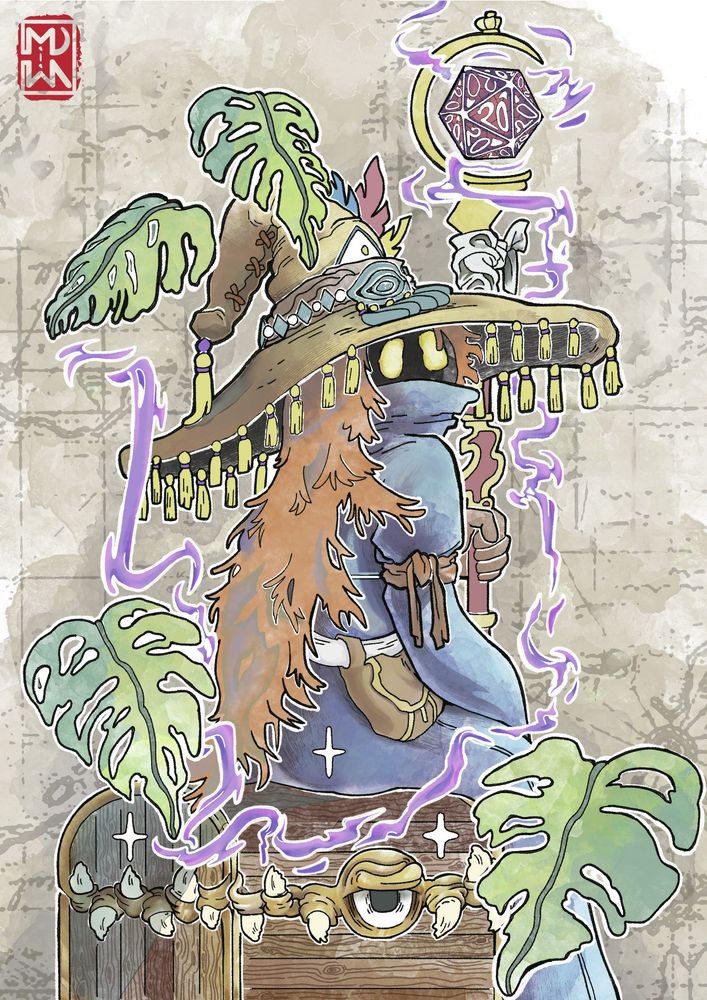 Dungeon's and Dragons Dice Mage that subdue a Mimick and sit on top of him with a lot of monstera leaves