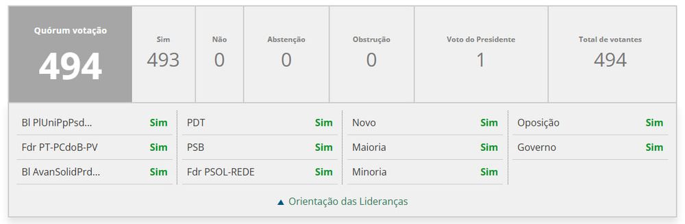quadro mostrando resultado da votação pela isenção do IR até R$ 5 mil. Foram 493 votos a fvr, por unanimidade