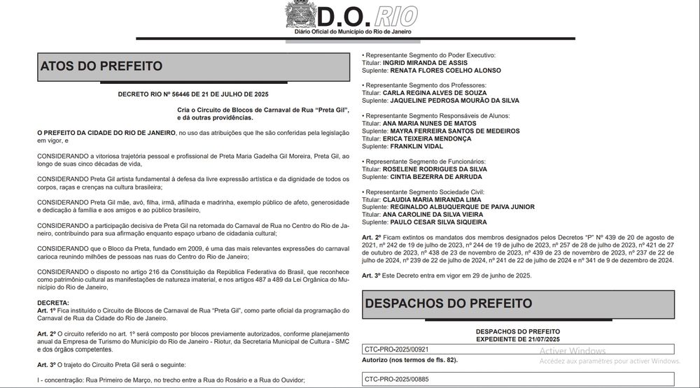 O PREFEITO DA CIDADE DO RIO DE JANEIRO, no uso das atribuições que lhe são conferidas pela legislação
em vigor, e
CONSIDERANDO a vitoriosa trajetória pessoal e profissional de Preta Maria Gadelha Gil Moreira, Preta Gil, ao
longo de suas cinco décadas de vida,
CONSIDERANDO Preta Gil artista fundamental à defesa da livre expressão artística e da dignidade de todos os
corpos, raças e crenças na cultura brasileira;
CONSIDERANDO Preta Gil mãe, avó, filha, irmã, afilhada e madrinha, exemplo público de afeto, generosidade
e dedicação à família e aos amigos e ao público brasileiro,
CONSIDERANDO a participação decisiva de Preta Gil na retomada do Carnaval de Rua no Centro do Rio de Janeiro, contribuindo para sua afirmação enquanto espaço urbano de cidadania cultural;
CONSIDERANDO que o Bloco da Preta, fundado em 2009, é uma das mais relevantes expressões do carnaval
carioca reunindo milhões de pessoas nas ruas do Centro do Rio de Janeiro;
CONSIDERANDO o disposto no artigo 216 da Constituição da República Federativa do Brasil, que reconhece
como patrimônio cultural as manifestações de natureza imaterial, e nos artigos 487 a 489 da Lei Orgânica do Município do Rio de Janeiro,
DECRETA:
Art. 1º Fica instituído o Circuito de Blocos de Carnaval de Rua “Preta Gil”, como parte oficial da programação do
Carnaval de Rua da Cidade do Rio de Janeiro.
Art. 2º O circuito referido no art. 1º será composto por blocos previamente autorizados, conforme planejamento
anual da Empresa de Turismo do Município do Rio de Janeiro - Riotur, da Secretaria Municipal de Cultura - SMC
e dos órgãos competentes.
Art. 3º O trajeto do Circuito Preta Gil será o seguinte:
I - concentração: Rua Primeiro de Março, no trecho entre a Rua do Rosário e a Rua do Ouvidor;
II - percurso do desfile: Rua Primeiro de Março e Avenida Presidente Antônio Carlos;
III - finalização do percurso: Avenida Presidente Antônio Carlos, na altura da Rua Araújo Porto Alegre.
Art. 4º +
