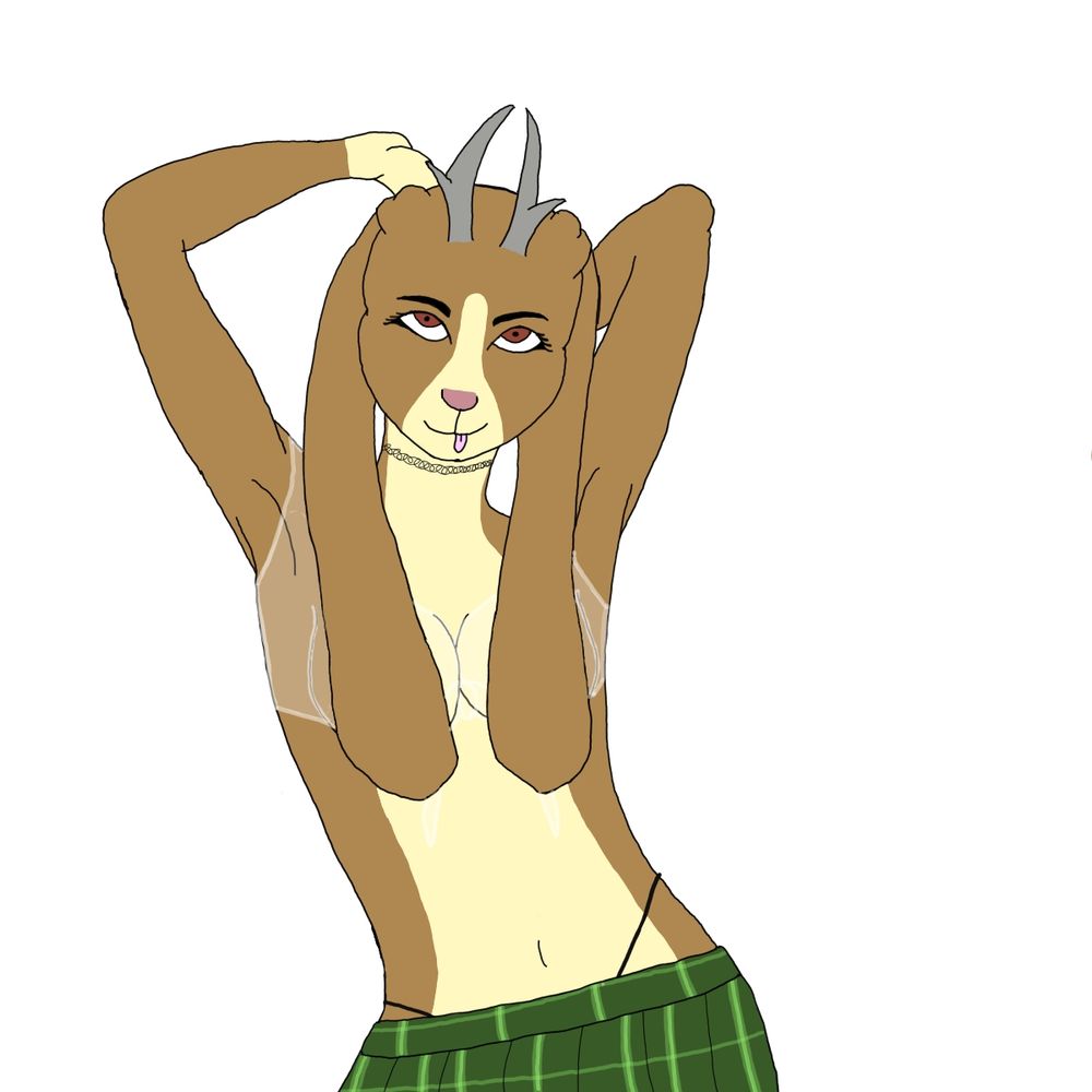 A jackalope in a white sheer top and green skirt. Her ears are keeping the image modest