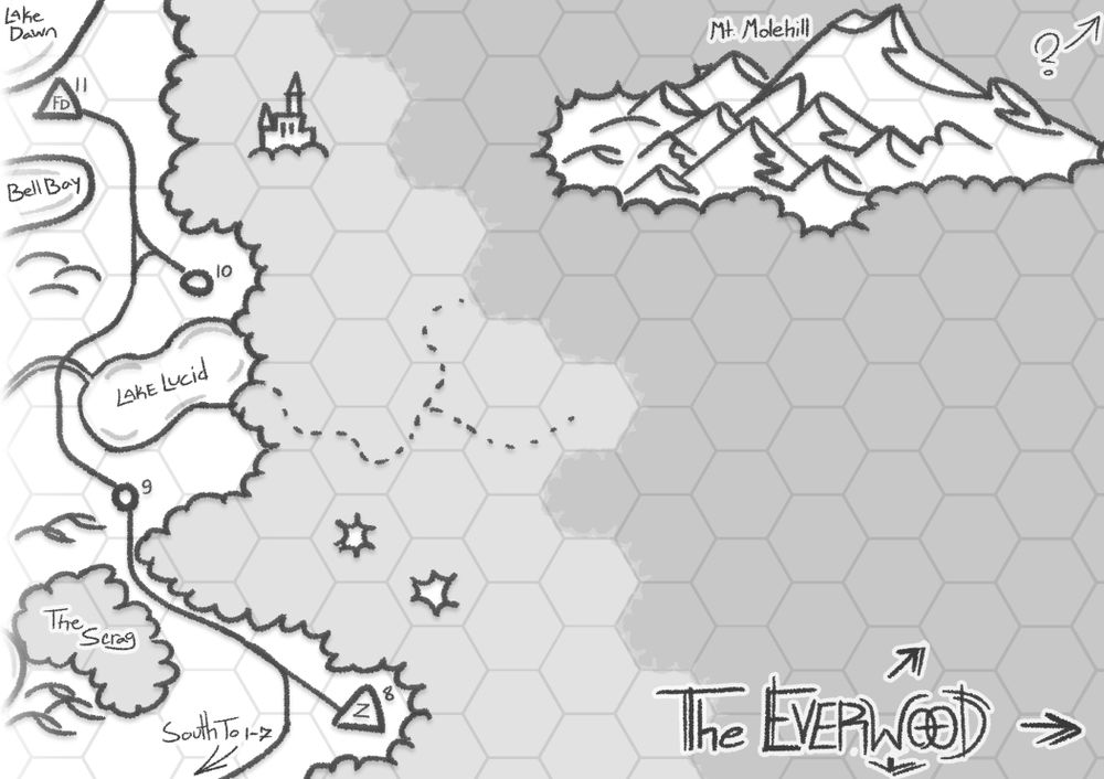 A map of The Everwood, with a hex overlay. To the far west are a few settlements and lakes, but the majority of the map is blank unexplored forest, except for a mountain range - labeled Mt Molehill - in the north.