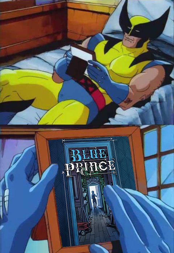 A visual meme: Wolverine is laying on a bed, holding a picture frame with an image from the videogame "Blue Prince" in it