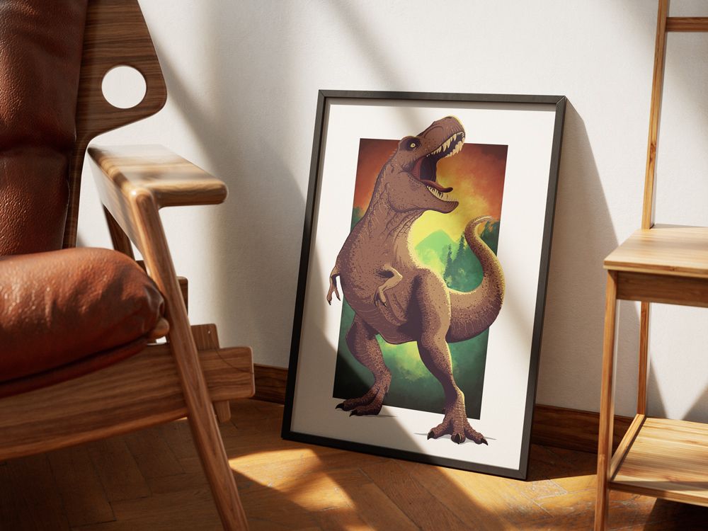 Mockup image of a dinosaur poster artwork; the dinosaur (a T-Rex) is standing in front of a red and green background. The background is rather narrow, making the dinosaur appear as standing in front of like a door or window, which creates a 3D depth effect.