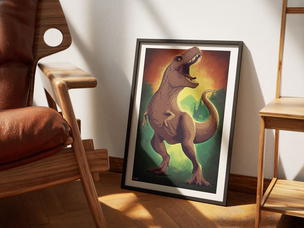 Mockup image of a dinosaur poster artwork; the dinosaur (a T-Rex) is standing in front of a red and green background. The head of the dinosaur crosses the top of the background frame, which creates a 3D depth effect.