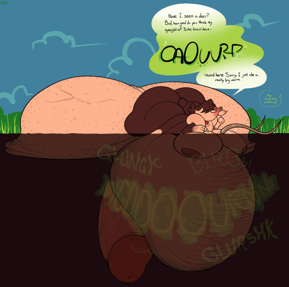 The previous image, but the mole's full body is superimposed over the ground, revealing the sagginess of his balls, the size of his cock, and, most importantly, the pronounced unnatural bulge in his stomach.